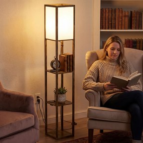 HOMCOM Lampa stojąca LED z półkami, lampa z przełącznikiem nożnym i portami USB, regulowana temperatura barwowa, rustykalny brąz | Aosom PL