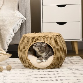 PawHut Domek dla kota kosz jaskinia 2 poziomy z plecionki imitacji rattanu z żywicy z 1 miękką poduszką Ø 40 x 30 cm jasnobrązowy | Aosom PL