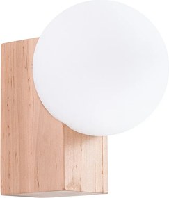 Lampa Ścienna Nowoczesny Bulbo, Drewno/Szkło - 1 Źródło - L.12 X H.17 Cm - Naturalne Drewno/Biały
