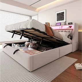 Łóżko tapicerowane ze schowkiem - 180 x 200 cm - hydrauliczne - składany zagłówek ze schowkiem + diody LED - MDF - beżowe