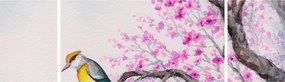 Obraz - ptak na drzewie z różowymi kwiatami (170x50 cm)
