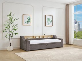 Łóżko wysuwane 2 x 80 x 200 cmze skrzynią  i portem USB - Tkanina - Taupe + Materac - ORAVAYA