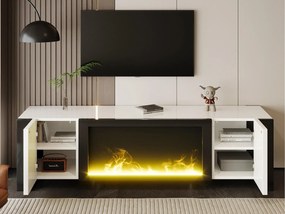Meble TV 165x32x55 cm - 2 drzwi - Z kominkiem elektrycznym efekt płomienia - Bez ogrzewania - Biały + Czarny