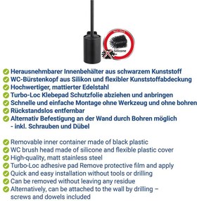 Szczotka do WC z mocowaniem Turbo-loc ze stali nierdzewnej w kolorze matowej czerni bez wiercenia Porto – Wenko