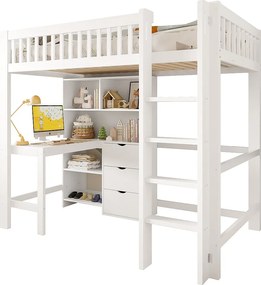 Łóżko na antresoli 90x200 cm - liczne schowki - z drabiną + biurkiem - z 3 szufladami - biały (materac nie jest dołączony)