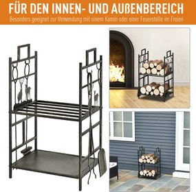 Stojak na drewno kominkowe Outsunny z zestawem narzędzi kominkowych, regał na drewno kominkowe, żelazo, złote, 51,5x33x77 cm