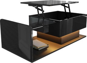 Stolik kawowy błyszczący - 100 x 50 x 33/47,5 cm - ze szklanym blatem + diody LED + schowek - płyta wiórowa - czarny