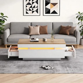 Nowoczesny stolik kawowy lakierowany na wysoki połysk - 100 x 50 x 35 cm - z 2 szufladami + diody LED - płyta wiórowa - biały + naturalny