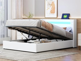 Łóżko z tapicerowanym zagłówkiem z ekoskóry 140x200cm z LED, odtwarzaczem Bluetooth i portami USB - z stelażem na listwach - Białe