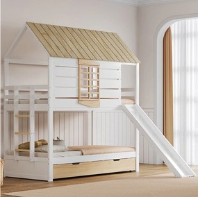 Łóżko piętrowe w kształcie domku - 2 x 90 x 200 cm - ze zjeżdżalnią + łóżko wysuwane 90 x 190 cm - MDF + drewno - kolor biały i naturalny