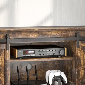 HOMCOM Niski stolik pod TV, design industrialny, na telewizory do 60'', 6 przegródek, 2 drzwi przesuwne, Brąz/Czarny