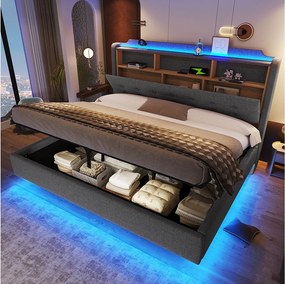 Łóżko 180 x 200 cm ze schowkiem hydraulicznym, oświetleniem LED, przegrodą, portami USB i typu C - lniane - szare (materac nie jest wliczony w cenę)