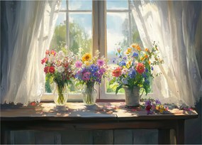 Obraz na szkle - Bukiet przy oknie (70x50 cm)