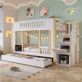Łóżko piętrowe dla dzieci - 2 x 90 x 200 cm - ze schodkami do przechowywania + 3 szuflady - sosna + MDF + sklejka - białe + naturalne