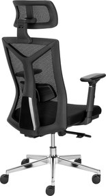 Fotel biurowy Akro siatkowy z zagłówkiem i regulacją lędźwi, zgodny z normą BHP
