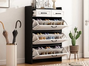 Szafa na buty 80x23.5x131 cm - z trzema dużymi drzwiczkami uchylnymi - z 2 szufladami - czarny + biały