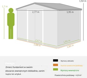 Outsunny Metalowy schowek na narzędzia z drzwiami przesuwnymi i oknami wentylacyjnymi, 277 x 195 x 192 cm, ciemnoszary