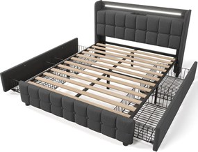 Łóżko tapicerowane dla dorosłych 140 x 200 cm z 4 szufladami - USB + LED - tkanina lniana - szare