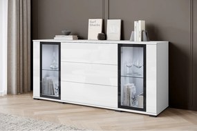 Komoda 150 cm do salonu – nowoczesna witryna z przeszkleniami + szuflady, korpus biały mat, fronty biały połysk