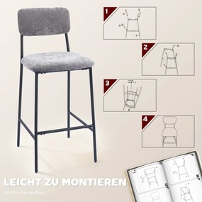 HOMCOM Zestaw 2 hokerów, tapicerowane wysokie krzesła do blatu kuchennego, domowego baru, oparcie, podnóżek, obicie z tkaniny, stal, szary