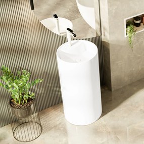Umywalka z konglomeratu wolnostojąca okrągła biała matowa 87 x 44 cm KALMI WHITE MATT z otworem na baterię : Podłączenie syfonu - Do ściany