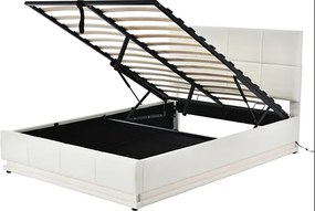 Łóżko z pojemnikiem 140x190 cm, łóżko dwuosobowe z podnoszonym hydraulicznie stelażem LED, białe