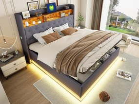Łóżko z pojemnikiem 160x200 cm z lnu - z LED i gniazdami USB - Szare
