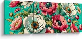 Obraz - Kwiaty na niebieskim tle (z zegarem) (90x30 cm)