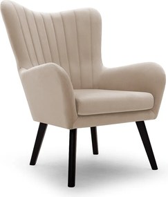 Fotel TED z tkaniny Velluto, wysoka oparcie, szerokie siedzisko, czarne nogi, pionowe przeszycia, 76x78x100 cm, beżowy