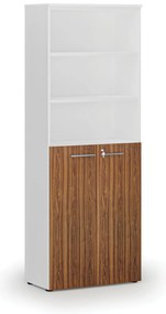 Szafa biurowa kombinowana PRIMA WHITE, drzwi na 3 poziomach, 800 x 420 x 2128 mm, biały/orzech