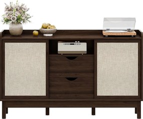 Nowoczesna komoda do salonu - 150 x 39,5 x 80 cm - z drzwiami przesuwnymi + 2 szuflady - płyta wiórowa - kolor naturalny ciemny