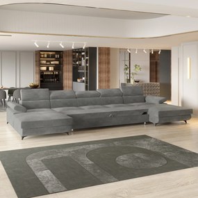 Masseno Narożnik VIVENTE z funkcją spania i pojemnikiem na pościel Narozniki U, Rozkładana sofa - Szary, MONOLITH 85