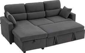 HOMCOM Regulowana sofa rozkładana w kształcie L, narożna sofa dla gości z funkcją łóżka, schowkiem, poduszkami, do salonu, pokoju gościnnego, szara