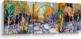 Obraz - Zaśnieżona ścieżka przez las, obraz olejny (z zegarem) (90x30 cm)