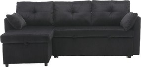 Czarna, pluszowa, rozkładana sofa narożna z pojemnikiem na pościel i wysuwanym szezlongiem – do salonu lub pracowni