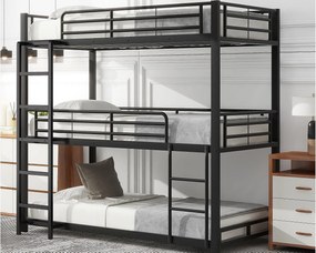 Łóżko piętrowe potrójne - 3x90x200cm - stalowa rama - Czarny