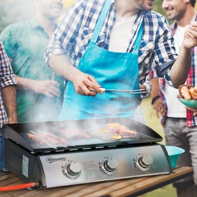 Outsunny Grill Gazowy z 3 Palnikami, Wężem, Antyadhezyjną Płytą Grillową, Stal Nierdzewna, Kolor: Srebrny, 63 x 48 x 21 cm