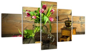 Obraz - tulipany, młynek i kawa (125x70 cm)