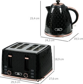 HOMCOM Zestaw kuchenny 2-w-1, toster i czajnik, kilka opcji, 1,7 L, 4 kromki jednocześnie, plastikowy, czarny
