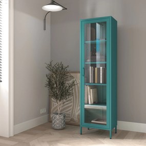 Witryna szklana do salonu wąska morska / turkusowa Modern LUIGI 500 x 1800 x 350 mm