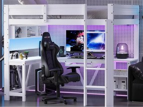 Łóżko na antresoli drewniane 90x200 cm - z biurkiem i przegródkami do przechowywania - LED i port ładowania - Biały​ (materac nie jest wliczony w cenę)