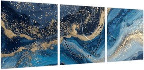 Obraz - Abstrakcyjny niebiesko-złoty marmur (z zegarem) (90x30 cm)