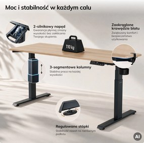 Biurko elektryczne z regulacją wysokości ergonomiczne antracytowe/dąb sonoma,1600x800 mm: ARIA