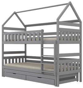 Łóżko piętrowe domek FELIKS 200x90 szare drewniane trzyosobowe z szufladami KOCOT KIDS