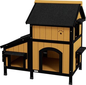 PawHut drewniany domek dla kota z drewna sosnowego domek dla kotów na zewnątrz żółty 96x65x85 cm | Aosom PL