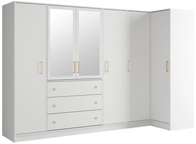 Szafa narożna 6-drzwiowa z 3 szufladami - Z lustrami - szer. 311 cm - Biały - LIZANDRO