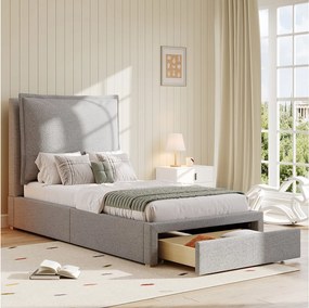 Łóżko dziecięce tapicerowane 1-osobowe - 90 x 200 cm - z zagłówkiem wyściełanym + 1 szuflada - szenil - szare