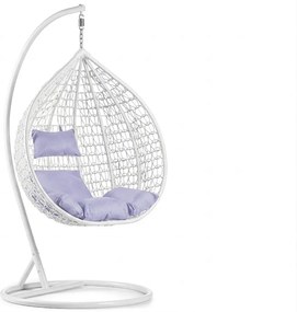 Białe wiszące krzesło KOKON ze stojakiem, jasna poduszka