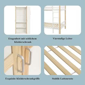 Łóżko piętrowe dla dzieci - 90 x 200 cm - z 6 otwartymi półkami + szafa - sosna + PB - biały + naturalny