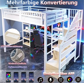 Łóżko piętrowe dla dzieci - 140 x 200 cm - rama żeliwna - z biurkiem + diody LED + port USB + półka + drabinka - metalowe - białe